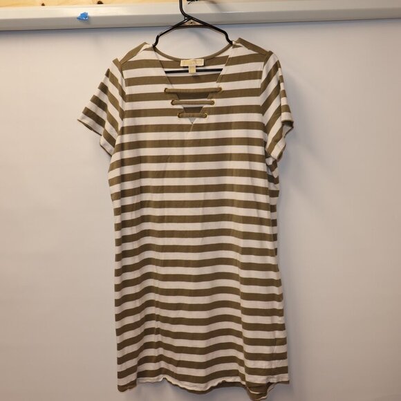 Michael Kors Olive & White Striped Lace-Up Neckline Casual Dress Size L - Picture 3 of 8
